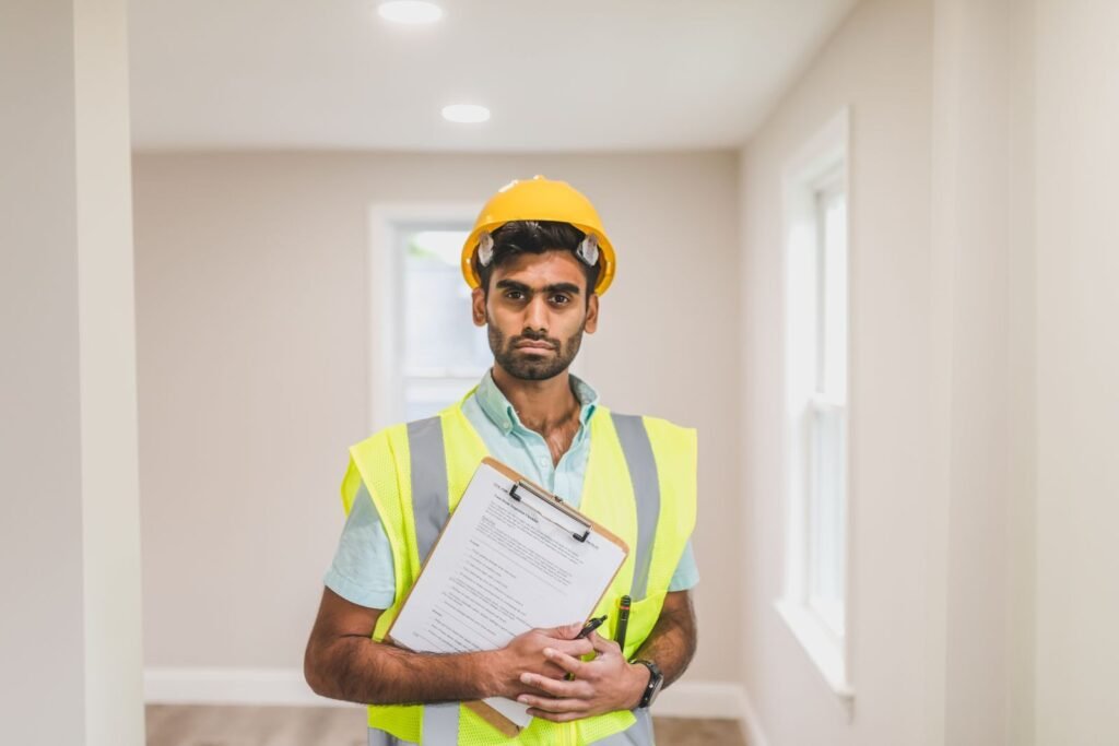 A construction worker wearing a hard hat and safety vest stands indoors with a clipboard.